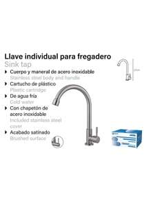 Clásica Llave Individual de Acero Inoxidable, Grifo de Agua Fría para Fregadero, Cuello de Salida de Agua en Arco Giratorio 360°, Aplicable para Lavabos de Baño y Fregaderos de Cocina - Plateado - Ver 5