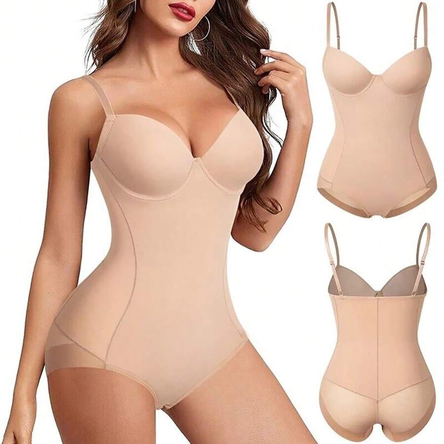 Built In Bra Women Shapewear Bodysuit Tummy Control Body Shaper Underwear Slimming Belly Abdomen Waist Compression Shelf Bra Tank Top - 米色 - 查看 1