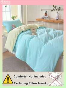 3pcs Skin-Friendly Light Blue & Light Yellow Student Dormitory Bedding Set, 1 Duvet Cover, 2 Pillowcases, No Filling, Machine Washable - Baby Blue - View 4