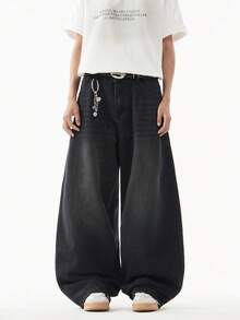 1pc Justice Brother Vintage Washed Loose Fit Wide Leg Jeans, Casual & Couple Style (With Distressed Hem) - Black - View 3