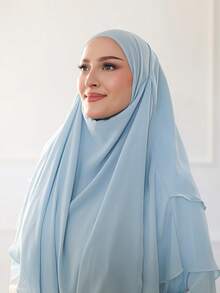 1 件朴素飘逸雪纺 Khimar | 光滑轻盈的雪纺，讨人喜欢的面部遮盖，全覆盖，穿着舒适，优雅适合日常、外出和祈祷 - 天藍色 - 查看 2