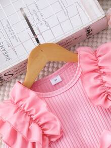 Toddler Girls' Long Sleeve Round Neck Frill Trim Ribbed Contrast Mesh Dress, Sweet & Cute, Versatile For Autumn/Winter - Pink - View 3