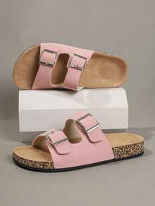 Papuci de damă cu cataramă la modă, din lemn moale, stil resort, sandale de plajă de vară, sandale casual pentru exterior cu curea pentru femei - Roz - Vizualizare 5