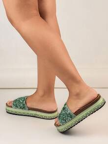 Glittering Platform Wedge Thong Sandals, Elegant Strap Elevated Chunky Sole Slide Slippers - Green - View 5