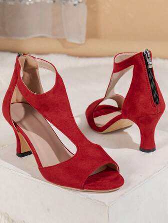 Ladies' Fashionable High-Heeled Fish Mouth Peep Toe Shoes, With Zipper Back And Side Cutout Design, Suitable For Plus Size Women, Summer.