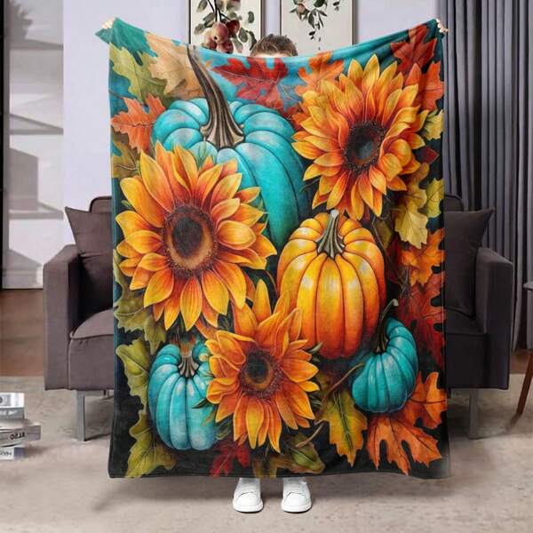 1 pièce Couverture imprimée citrouille et tournesol, couverture en flanelle chaude, douce et confortable, convenant pour le canapé, le lit, la voiture, le bureau, la chambre, le camping, les voyages, cadeau pour toutes les saisons