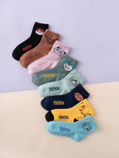 pokemon 8 Pairs Cute Cartoon Poke'mon Series Pikachu Patterned Crew Socks, Colorful Jacquard Design, Breathable & Durable Sports Socks, Suitable For All Seasons, European & American Sizes, Comfortable & Moisture-Wicking