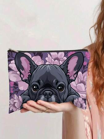 1 pieza Bolsa de cosméticos con diseño de bulldog francés y flores para mujeres, bolsa de aseo de viaje, organizador con cremallera, regalo de Navidad