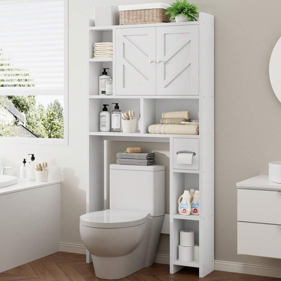 Vongrasig Over The Toilet Storage Cabinet, Freestanding Farmhouse Storage Cabinet Over Toilet, Bathroom Storage Organizer Cabinet With Toilet Paper Holder Stand And Adjustable Shelf - 白色 - 查看 1