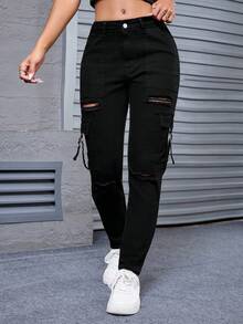 Jeans ajustados con efecto desgastado para mujer - Negro - Ver 5