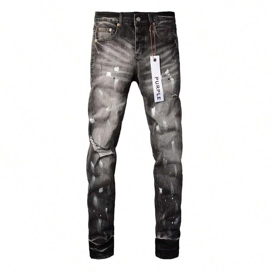 Men's Black Splatter Jeans - Ripped, High-Street, Artistic Vibe - 黑灰色 - 查看 1