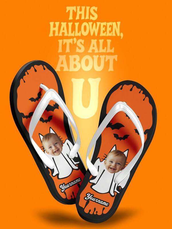 Halloween Custom Face And Name Flip Flops, Indoor Outdoor Personalized Ghost Slippers, Cute Custom Comfy Sandals, Orange Bat Theme, Unique Halloween Gift For Mom/Dad/Her/Him/Girlfriend/Boyfriend/Wife/Husband/Friend