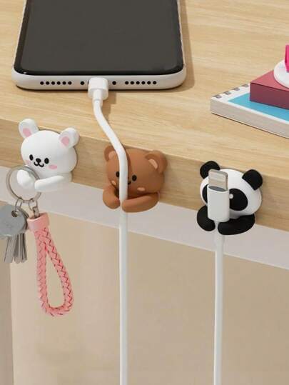 Cute Panda & Rabbit Desk Multifunctional Mouse Cord, Headphone Cord, Data Cable Organizer Holder, Silicone Adhesive Cable Clip, No Nail For Office, Dorm And Home Use