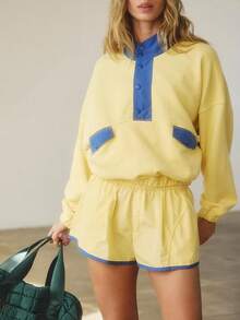 Women's Early Fall Sports Two Piece Contrast Half Placket Elasticated Waistband Top Elasticated Waistband Shorts - 黃色 - 查看 3