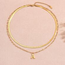 1pc Minimalist Stainless Steel Double Layer Necklace With Uppercase Letter Pendant, Suitable For Women's Daily Wear Or As A Gift For Friends - Yellow Gold - View 18