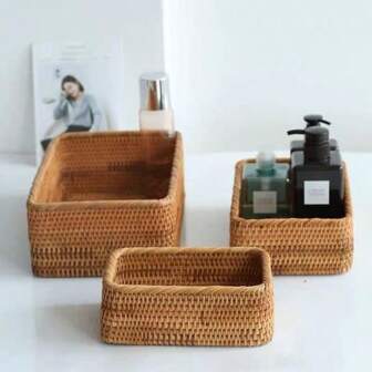 1pc/3pcs Rattan Storage Basket, Snack & Fruit Storage Box, Wicker Basket, Bathroom Tray, Woven Rectangular Bread Basket, Home Desk Counter Organizer Decorative Basket