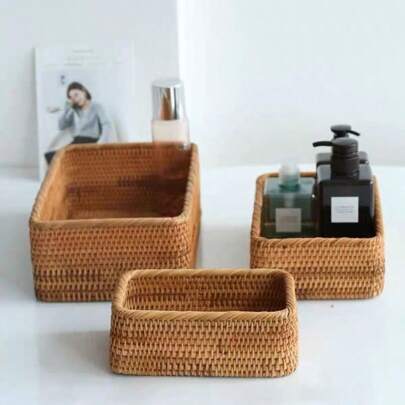 1pc/3pcs Rattan Storage Basket, Snack & Fruit Storage Box, Wicker Basket, Bathroom Tray, Woven Rectangular Bread Basket, Home Desk Counter Organizer Decorative Basket