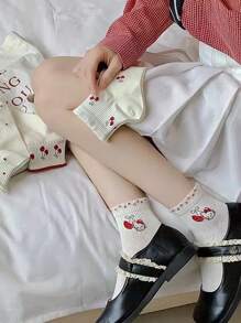 Sanrio 5 Pares de Meias Soquete Médio com Estampa de Gato e Cereja para Mulheres/Adolescentes - Design de Cartoon Adorável, Mistura de Poliéster Elástica Macia, Conjunto Casual Versátil, Acessório de Moda, Meias com Tema de Personagem Fofo