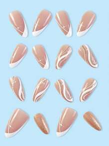 Aggiorna lo stile delle tue unghie: 24 pezzi di arte di unghie in forma di mandorla di media lunghezza, bianchi con glitter e forma di stella color champagne. Include 1 lima per unghie e 1 set di unghie finte con gel Jelly. Forniture per unghie
