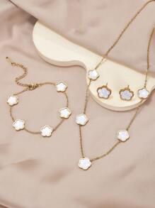 4pcs Stainless Steel 5-Petal Flower Jewelry Set: 1pc Necklace + 1pc Bracelet + 2pcs Earrings, Elegant Fashion Accessories For Women Valentines,Mom,Mother,Mother's Day,Gift