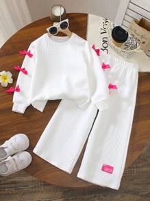 2pcs/Set Girls Solid Color Minimalist Style Cute Bow Decor White Long Sleeve Crew Neck Sweatshirt And Loose Casual Long Pants Set, Autumn/Winter 2025 New Arrival