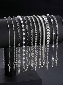 16/12pcs Set Minimalist Heart Faux Pearl Rhinestone Snake Chain Bracelet Set For Women, Suitable For Date, Vacation, Gift, Daily Matching, Party Outfit