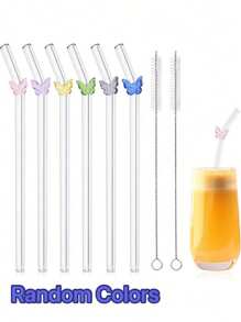 Set de 6 pajitas de vidrio reutilizables con adorno de lazo - Pajitas de beber curvadas resistentes a los golpes + cepillo de limpieza - Pajitas elegantes para cócteles, batidos y bebidas frías (20cm)