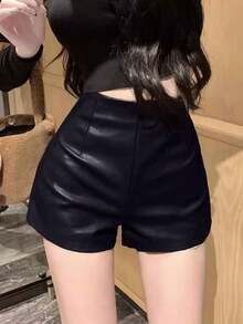 PU pantalones cortos de las mujeres verano / otoño picante chica de cintura alta delgada pantalones ajustados calientes - Negro - Ver 3