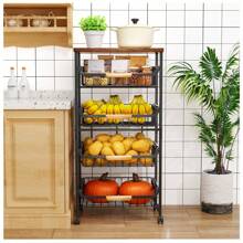 5 Tier Rolling Storage Trolley On Wheels, Large Capacity Kitchen Trolley, Mobile Utility Trolley With Wooden Table Top And Mesh Basket, Bathroom, Laundry Room