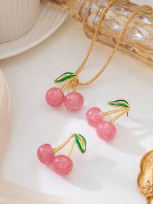 1pc/Set Fashionable French Sweet Cherry Pendant Necklace & Earrings Jewelry Set For Women, Elegant & Cute For Party, Daily Wear, Valentine's Day Gift - Elegant Style - View 4