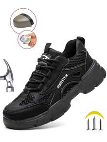 男女通用舒适鞋，防砸防滑防刺工作鞋，轻便建筑仓库防护鞋，英伦风防撞劳保鞋，男女户外工作鞋，夏季透气 - 黑色 - 查看 3