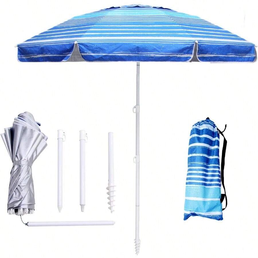 Striped Beach Umbrella Blue And White Pattern Sun Protection
