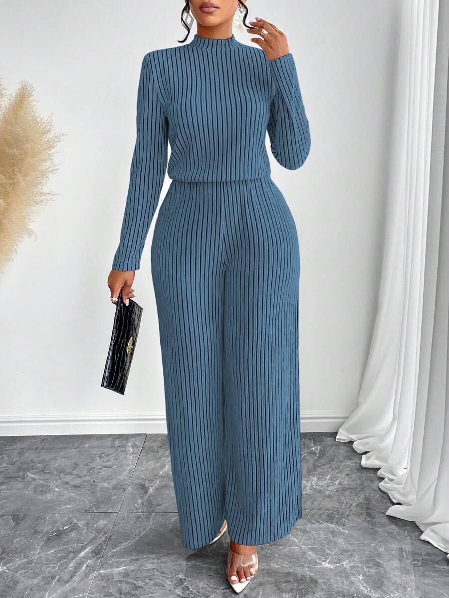 Amarilo 女士休闲优雅立领长袖阔腿连体裤秋冬时尚通勤简约长款连体衣 - 藍色 - 查看 1