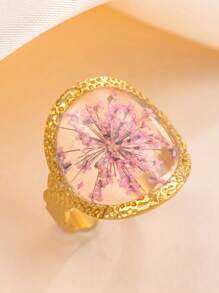 1pc Gold Hollow Exaggerated Design Round & Heart Shaped Flower Decor Titanium Steel Adjustable Open Ring, Suitable For Banquets And Gifts