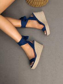 Womens Open Toe Espadrilles Wedges Tie Lace Up Cute Ankle Strap Platform Sandals Dressy Shoes - Màu xanh hải quân - Xem 4