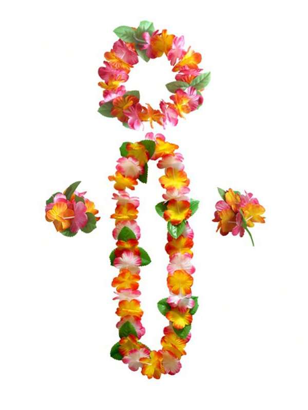 4pcs/Set Plastic Hawaiian Flower Garland Set - Necklace, Headband, Bracelet, 4pcs Floral Decor Accessories For Festivals, Beach