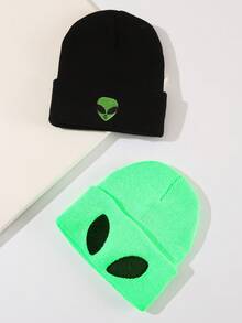2pcs Men's Alien Embroidery Knit Beanie Hat, Warm Winter Accessory