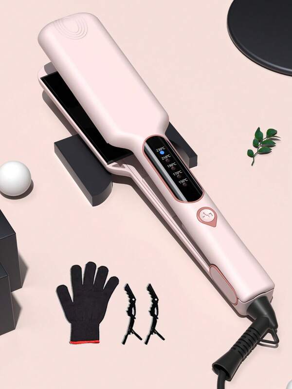 Chapinha de titânio larga de 1 peça para cabelos grossos e cacheados, chapinha de 2 polegadas com aquecimento rápido, dupla voltagem, desligamento automático, com luva e 2 presilhas