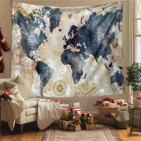 1pc Polyester World Map Tapestry Wall Hanging, Home Decor Art For Living Room, Bedroom, Vintage Nautical Compass Globe Geography Educational Textile Poster, Boho Style World Aesthetic Atmosphere Gift