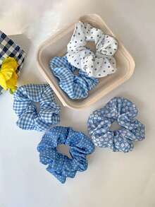 5 件蓝色花卉发圈，大号简约可爱甜美女孩波尔卡圆点发圈，高弹力马尾发圈，适合运动、旅行、马尾辫固定器、发圈、洗脸、发饰