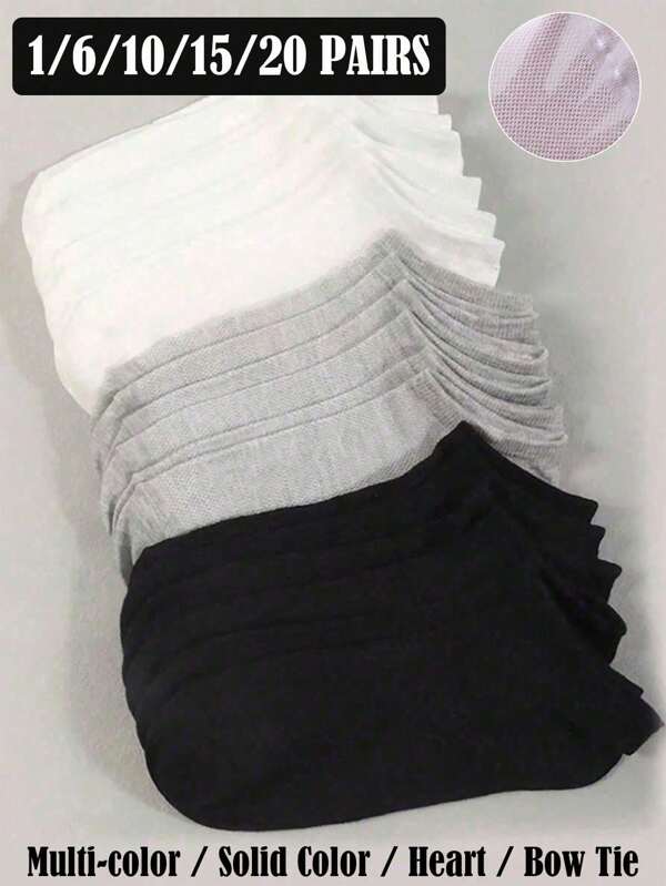 1/6/10/15/20 Pairs Of Random Breathable Short Socks For Women, Black White Grey Ankle Socks, Casual And Fashionable Socks, Soft And Lightweight, Spring, Summer, Autumn & Winter Travel Hiking Camping Back To School Running Training Socks Holiday Gifts