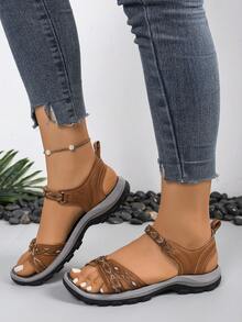 Women's Outdoor Sandals Beach Shoes, Contrast Color Strap With Hook And Loop, Massage Footbed, Dual-Color Anti-Slip Durable Outsole, Sports Sandals - Camel - View 3