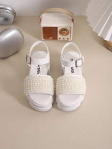 1双女童户外凉鞋，新款夏季圆头拼接设计，亮面加厚防滑耐磨鞋底，时尚儿童罗马凉鞋 - 米色 - 查看 4