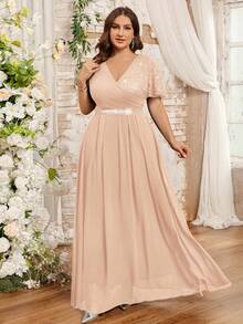 Vestido con mangas de mariposa, cuello en V, encaje floral, parche de gasa, cinturón de strass, talla grande, adecuado para invitados de boda, verano, cumpleaños, graduación, regreso a la escuela y otras ocasiones elegantes - Champán - Ver 5