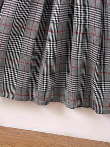 女童黑色格子蝴蝶结领荷叶边下摆连衣裙，适合春秋季节 - 灰色 - 查看 5