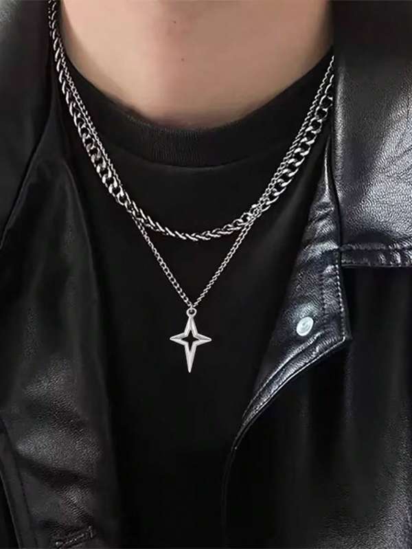 Doppelschichtiger Cut Out Kreuz-Anhänger Halskette mit Stern-Charm, Gothic Y2K Grunge, Unisex Mehrfachkette
