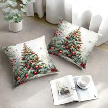 2pcs Christmas Tree Printed Pillow Cover Set - Peach Velvet Pillow Case 45*45cm