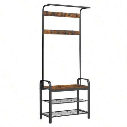 Coat Rack, Coat Stand With Shoe Storage Bench, 4-In-1 Design, With 9 Removable Hooks, A Clothes Rail, For Hallway, Eintrance, 33.7 X 72 X 183 Cm, Industrial, Rustic Walnut And Black