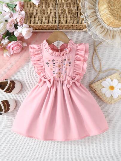 Robe d'été pour bébé fille, décontractée et mignonne avec nœud, volants aux manches. Tenue de tous les jours