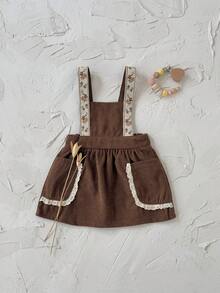 Baby Girl Sweet Lace Trim Floral Ribbon Corduroy Ditsy Floral Suspender Dress, Spring/Autumn - Brown - View 3